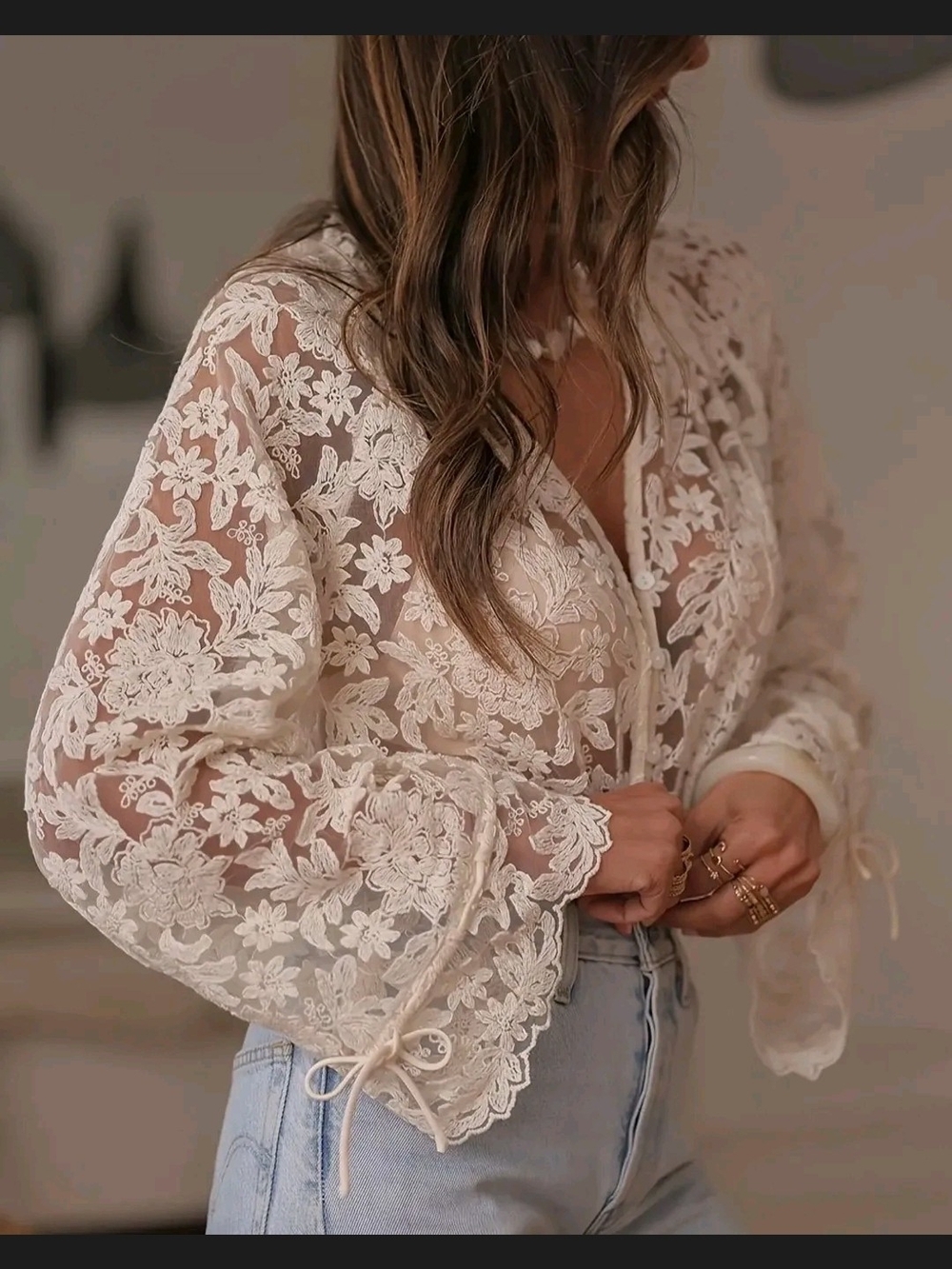 Sheer Floral Lace Button-Front Blouse in Cream